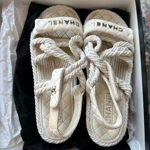 CHANEL SANDALS 10800 CORD & LAMBSKIN IVORY SIZE 38